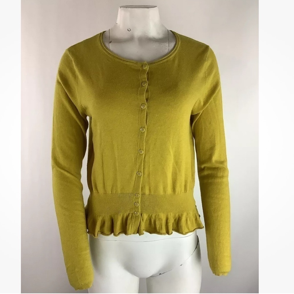 Anthropologie Sz L Button Front Peplum Hem Cardigan Sweater Yellow Cotton